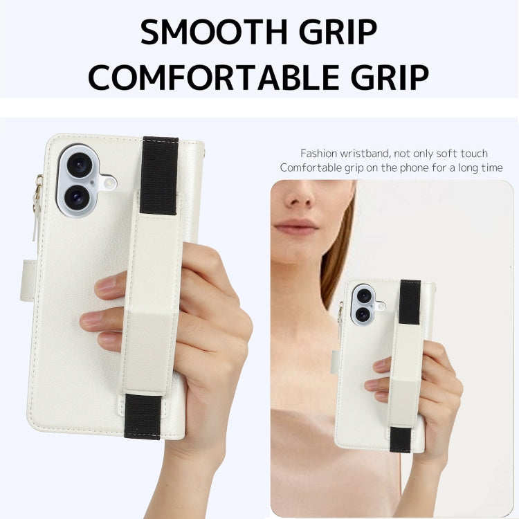 For iPhone 16 Plus Wristband Holder Zipper Purse RFID Leather Phone Case(White) - iPhone 16 Plus Cases by PMC Jewellery | Online Shopping South Africa | PMC Jewellery | Buy Now Pay Later Mobicred