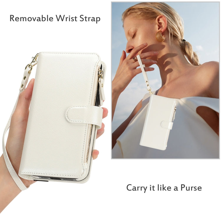 For iPhone 16 Pro Wristband Holder Zipper Purse RFID Leather Phone Case(White) - iPhone 16 Pro Cases by PMC TechLife | Online Shopping South Africa | PMC TechLife | Buy Now Pay Later Mobicred