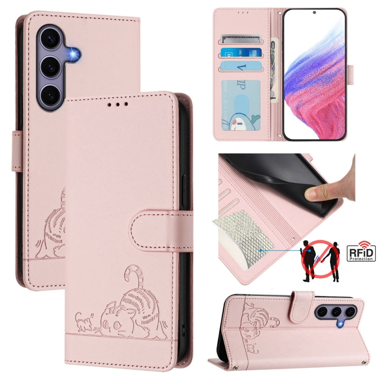 For Samsung Galaxy S25 5G Cat Rat Embossed RFID Leather Phone Case with Lanyard(Pink) - Galaxy S25 5G Cases by PMC TechLife | Online Shopping South Africa | PMC TechLife | Buy Now Pay Later Mobicred