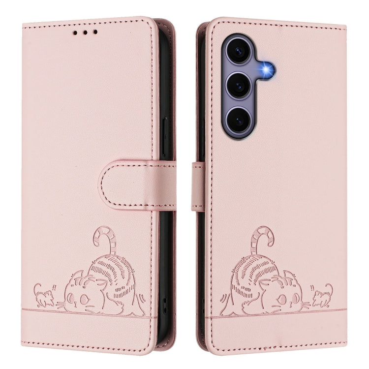 For Samsung Galaxy S25 5G Cat Rat Embossed RFID Leather Phone Case with Lanyard(Pink) - Galaxy S25 5G Cases by PMC TechLife | Online Shopping South Africa | PMC TechLife | Buy Now Pay Later Mobicred