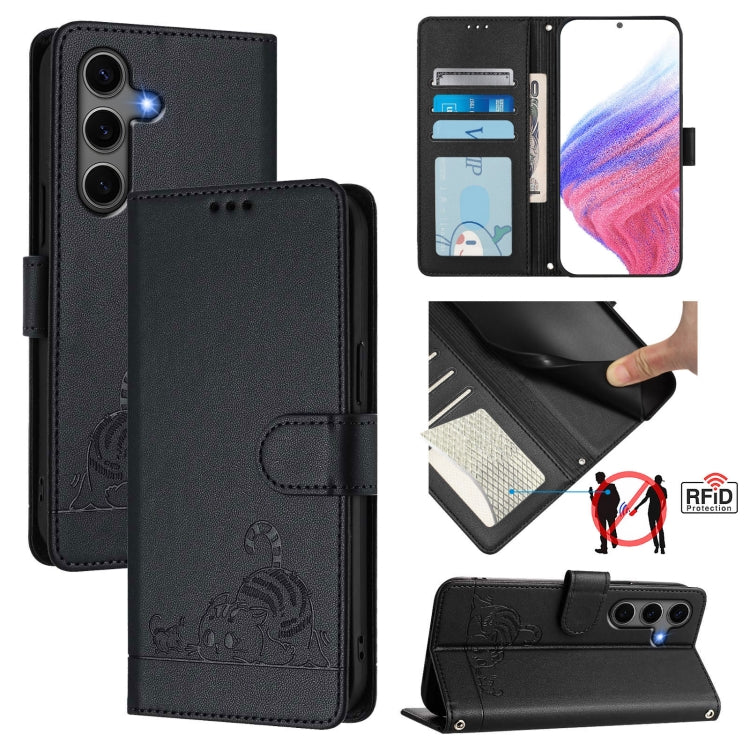 For Samsung Galaxy S25+ 5G Cat Rat Embossed RFID Leather Phone Case with Lanyard(Black) - Galaxy S25+ 5G Cases by PMC TechLife | Online Shopping South Africa | PMC TechLife | Buy Now Pay Later Mobicred