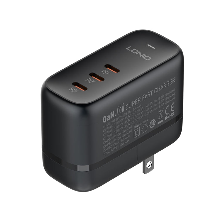 LDNIO Q367 65W GaN 3 x USB-C / Type-C Interface Charger with 1m USB-C / Type-C to USB-C / Type-C Data Cable, Plug Type:US Plug(Black) - free shipping - PMC Jewellery - Order now!
