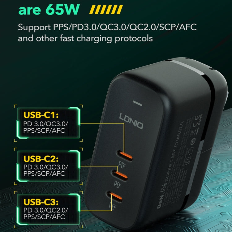 LDNIO Q367 65W GaN 3 x USB-C / Type-C Interface Charger with 1m USB-C / Type-C to USB-C / Type-C Data Cable, Plug Type:EU Plug(Black) - free shipping - PMC Jewellery - Order now!