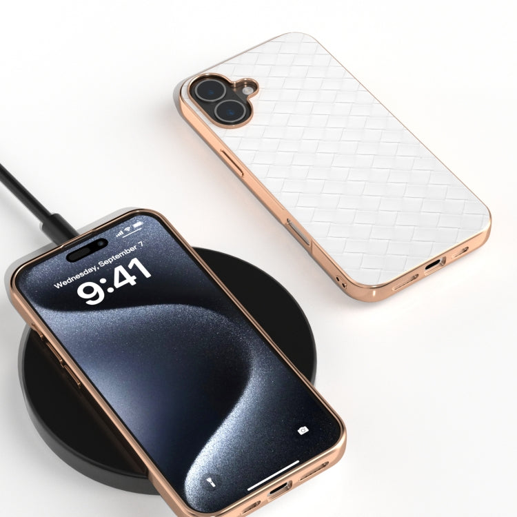 For iPhone 16 Electroplated Frame Woven Texture PU Phone Case(White) - free shipping - PMC Jewellery - Order now!