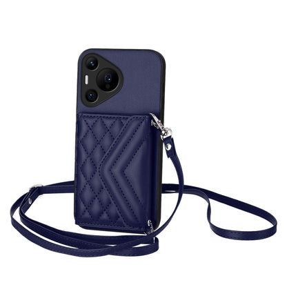 For Huawei Pura 70 Pro / 70 Pro+ Rhombic Texture Card Bag RFID Phone Case with Long Lanyard(Blue) - Huawei Cases by PMC Jewellery | Online Shopping South Africa | PMC Jewellery | Buy Now Pay Later Mobicred