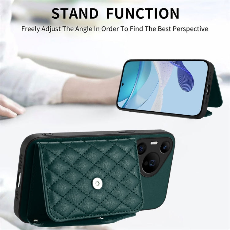 For Huawei Pura 70 Ultra Rhombic Texture Card Bag RFID Phone Case with Long Lanyard(Green) - Huawei Cases by PMC Jewellery | Online Shopping South Africa | PMC Jewellery | Buy Now Pay Later Mobicred