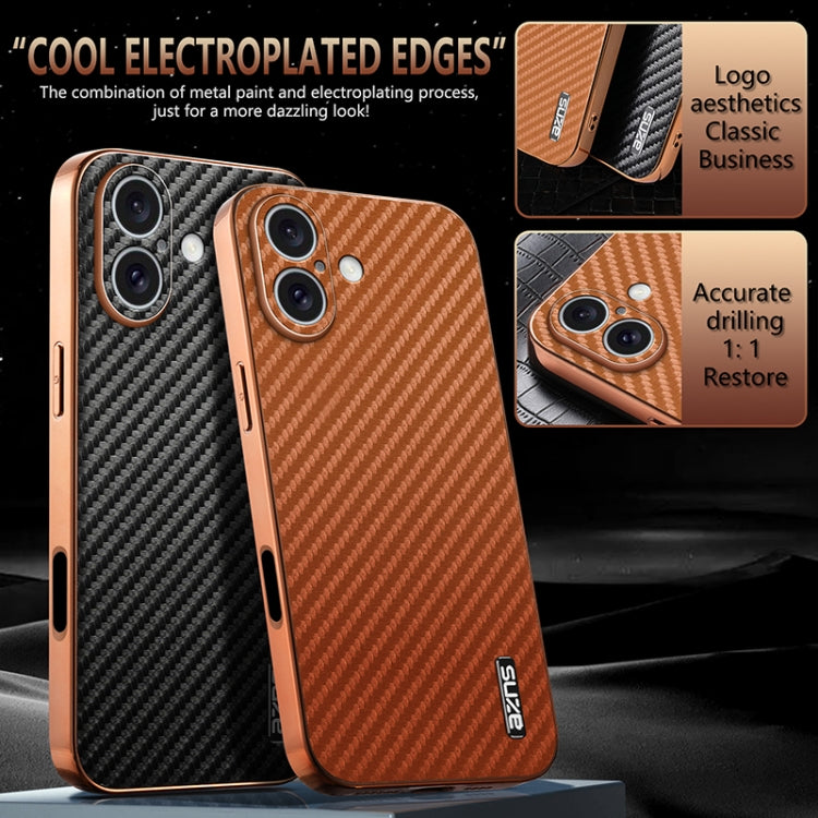 For iPhone 16 Plus AZNS Electroplated Edge Carbon Fiber Texture Phone Case(Brown) - iPhone 16 Plus Cases by AZNS | Online Shopping South Africa | PMC Jewellery | Buy Now Pay Later Mobicred