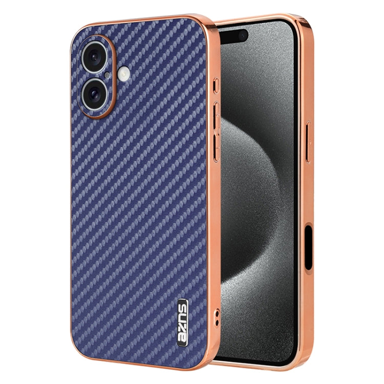 For iPhone 16 Plus AZNS Electroplated Edge Carbon Fiber Texture Phone Case(Blue) - free shipping - PMC Jewellery - Order now!