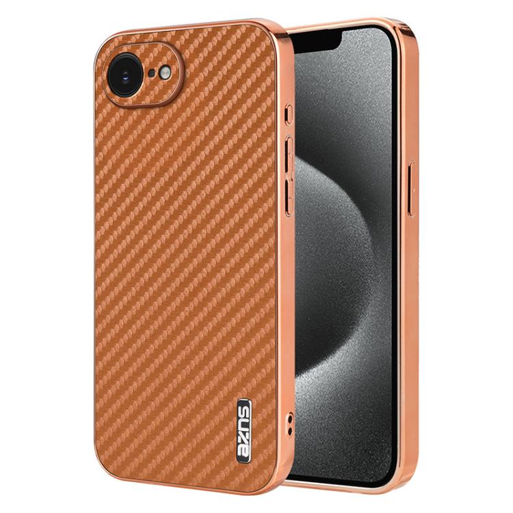 For iPhone 16e AZNS Electroplated Edge Carbon Fiber Texture Phone Case(Brown) - free shipping - PMc TechLife - Order now!