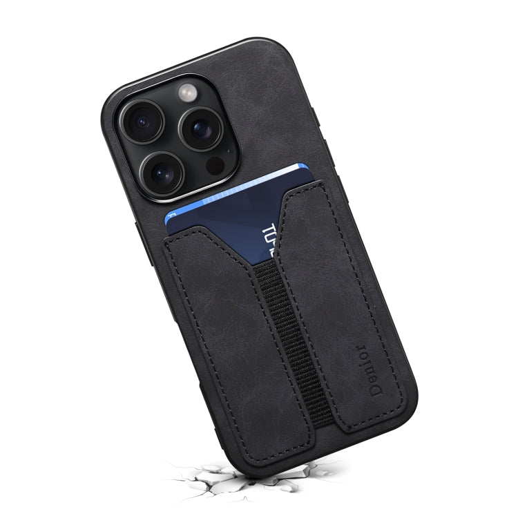 For iPhone 16 Denior D07 DV Elastic Card Slot PU Back Cover Phone Case(Black) - iPhone 16 Cases by Denior | Online Shopping South Africa | PMC Jewellery | Buy Now Pay Later Mobicred