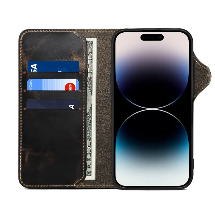 For iPhone 16 Denior B01 Oil Wax Cowhide Magnetic Button Genuine Leather Case(Black) - free shipping - PMC Jewellery - Order now!