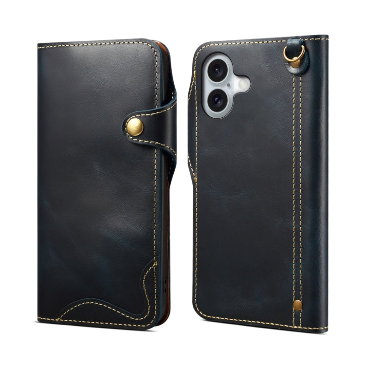 For iPhone 16 Denior B01 Oil Wax Cowhide Magnetic Button Genuine Leather Case(Blue) - free shipping - PMC Jewellery - Order now!