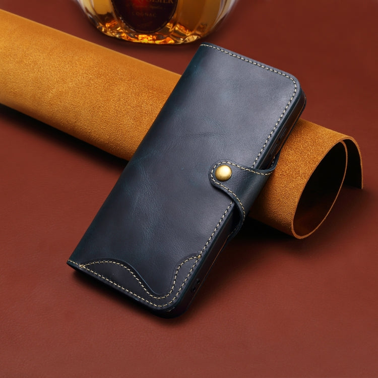 For iPhone 16 Denior B01 Oil Wax Cowhide Magnetic Button Genuine Leather Case(Blue) - free shipping - PMC Jewellery - Order now!