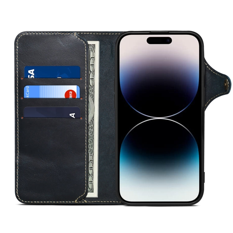 For iPhone 16 Denior B01 Oil Wax Cowhide Magnetic Button Genuine Leather Case(Blue) - free shipping - PMC Jewellery - Order now!