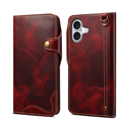 For iPhone 16 Plus Denior B01 Oil Wax Cowhide Magnetic Button Genuine Leather Case(Red) - iPhone 16 Plus Cases by Denior | Online Shopping South Africa | PMC Jewellery | Buy Now Pay Later Mobicred