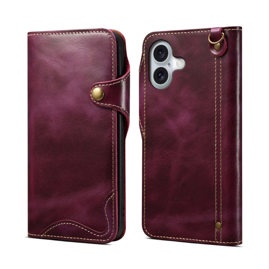 For iPhone 16 Plus Denior B01 Oil Wax Cowhide Magnetic Button Genuine Leather Case(Purple) - iPhone 16 Plus Cases by Denior | Online Shopping South Africa | PMC Jewellery | Buy Now Pay Later Mobicred