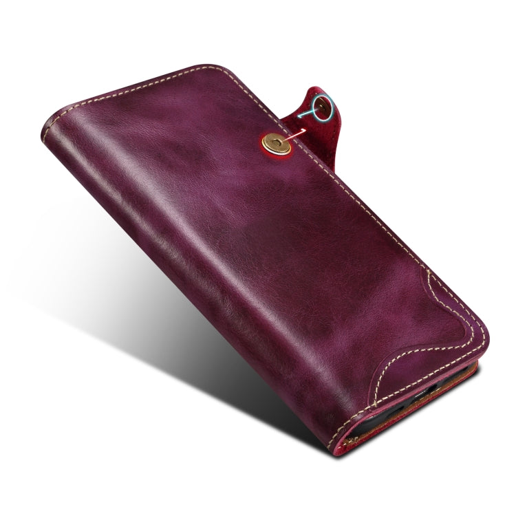 For iPhone 16 Pro Denior B01 Oil Wax Cowhide Magnetic Button Genuine Leather Case(Purple) - iPhone 16 Pro Cases by Denior | Online Shopping South Africa | PMC Jewellery | Buy Now Pay Later Mobicred