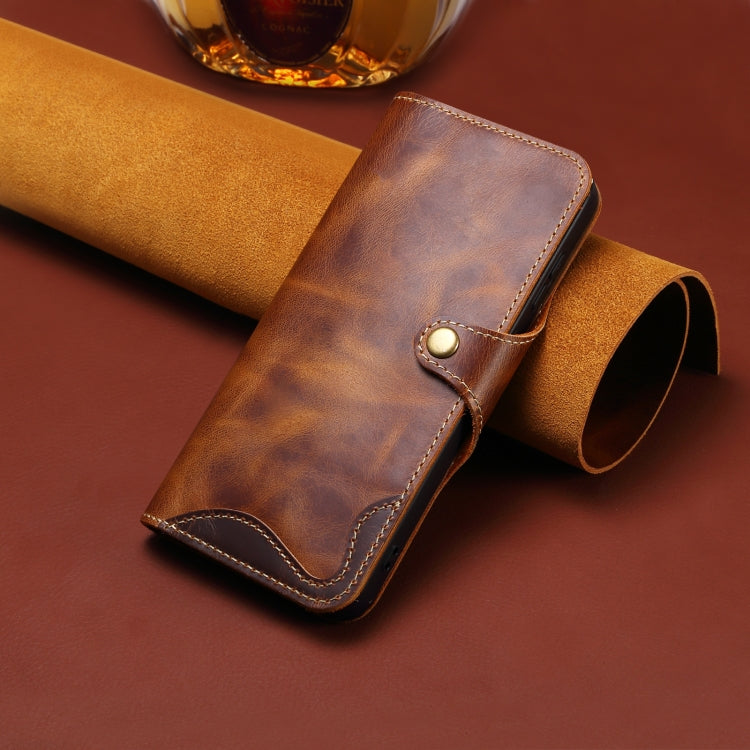 For iPhone 16 Pro Denior B01 Oil Wax Cowhide Magnetic Button Genuine Leather Case(Brown) - free shipping - PMC Jewellery - Order now!