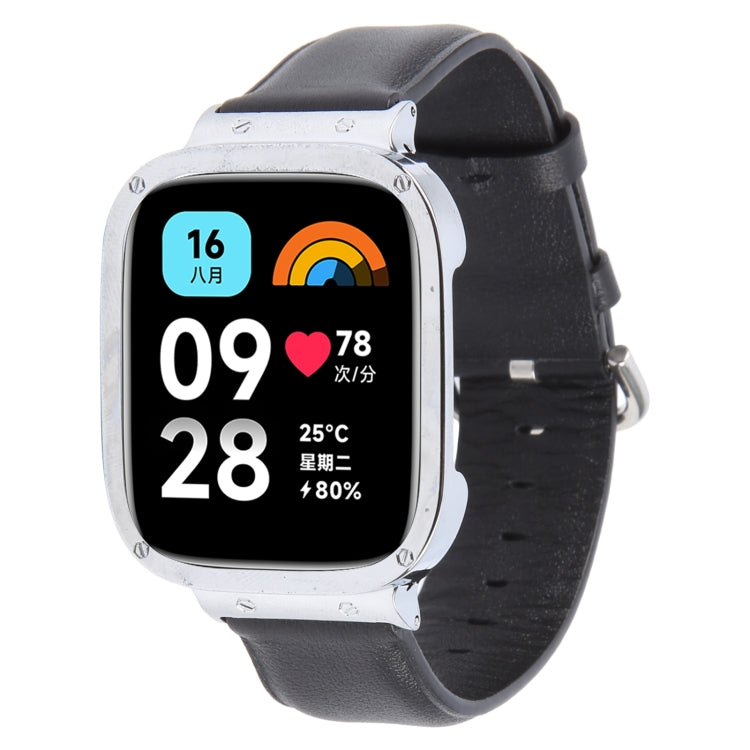 For Redmi Watch 3 Lite Metal Frame Integrated Genuine Leather Watch Band(Black) - Watch Bands by PMc TechLife | Online Shopping South Africa | PMc TechLife | Buy Now Pay Later Mobicred