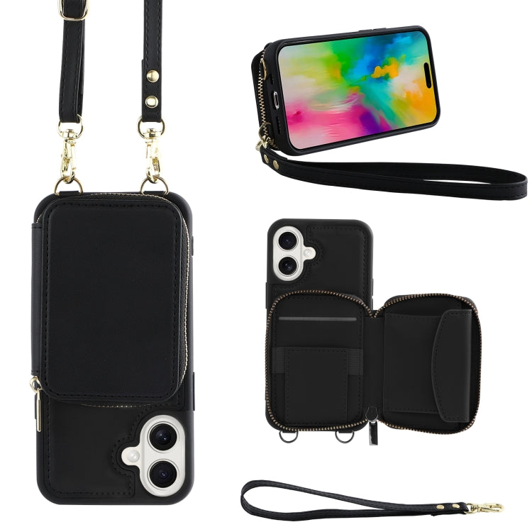 For iPhone 16 Plus Crossbody Zipper Wallet Bag Leather Phone Case with Lanyard(Black) - iPhone 16 Plus Cases by PMC Jewellery | Online Shopping South Africa | PMC Jewellery | Buy Now Pay Later Mobicred