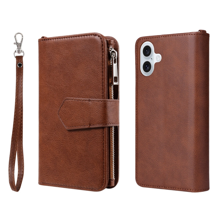 For iPhone 16 Plus Solid Color 2 in 1 Zipper Shockproof Phone Case(Brown) - free shipping - PMC Jewellery - Order now!