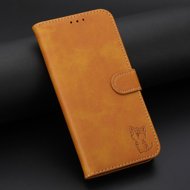 For Samsung Galaxy S25 5G Embossed Happy Cat Pattern Flip Leather Phone Case(Yellow) - Galaxy S25 5G Cases by PMC Jewellery | Online Shopping South Africa | PMC Jewellery | Buy Now Pay Later Mobicred