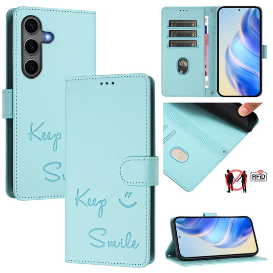 For Samsung Galaxy S25+ 5G Smile Embossing RFID Leather Phone Case(Mint Green) - Galaxy S25+ 5G Cases by PMC Jewellery | Online Shopping South Africa | PMC Jewellery | Buy Now Pay Later Mobicred