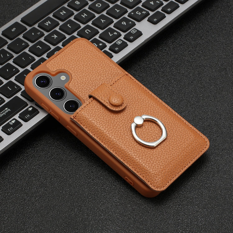 For Samsung Galaxy S25+ 5G Litchi Texture Drawing Card Bag Ring Holder Phone Case(Brown) - Galaxy S25+ 5G Cases by PMC Jewellery | Online Shopping South Africa | PMC Jewellery | Buy Now Pay Later Mobicred