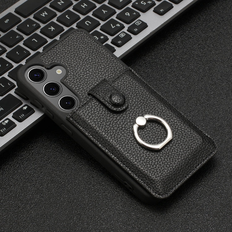 For Samsung Galaxy S25+ 5G Litchi Texture Drawing Card Bag Ring Holder Phone Case(Black) - Galaxy S25+ 5G Cases by PMC Jewellery | Online Shopping South Africa | PMC Jewellery | Buy Now Pay Later Mobicred