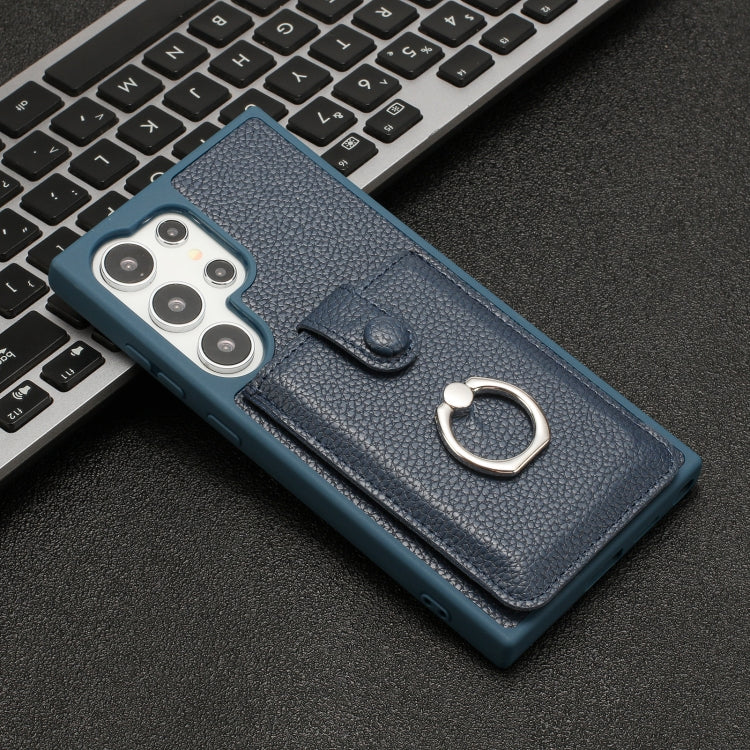 For Samsung Galaxy S25 Ultra 5G Litchi Texture Drawing Card Bag Ring Holder Phone Case(Blue) - Galaxy S25 Ultra 5G Cases by PMC Jewellery | Online Shopping South Africa | PMC Jewellery | Buy Now Pay Later Mobicred