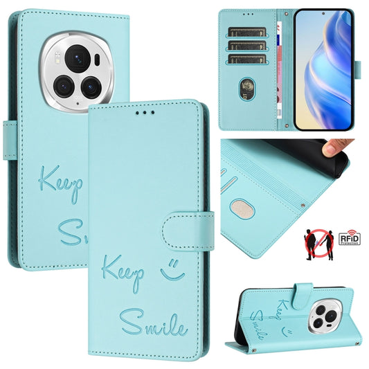 For Honor Magic6 Pro 5G Global Smile Embossing RFID Leather Phone Case(Mint Green) - Honor Cases by PMC Jewellery | Online Shopping South Africa | PMC Jewellery | Buy Now Pay Later Mobicred