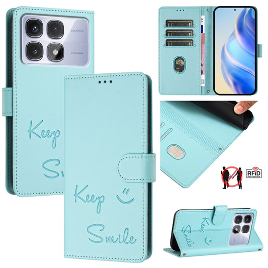 For Redmi K70 Ultra 5G Global Smile Embossing RFID Leather Phone Case(Mint Green) - Xiaomi Cases by PMC Jewellery | Online Shopping South Africa | PMC Jewellery | Buy Now Pay Later Mobicred