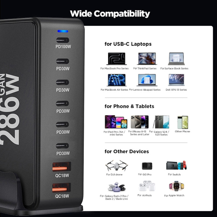 YMX-986 286W 6 Type-C, 2 USB 8-Ports Desktop Fast Charger, Plug Type:UK Plug(Black) - free shipping - PMC Jewellery - Order now!