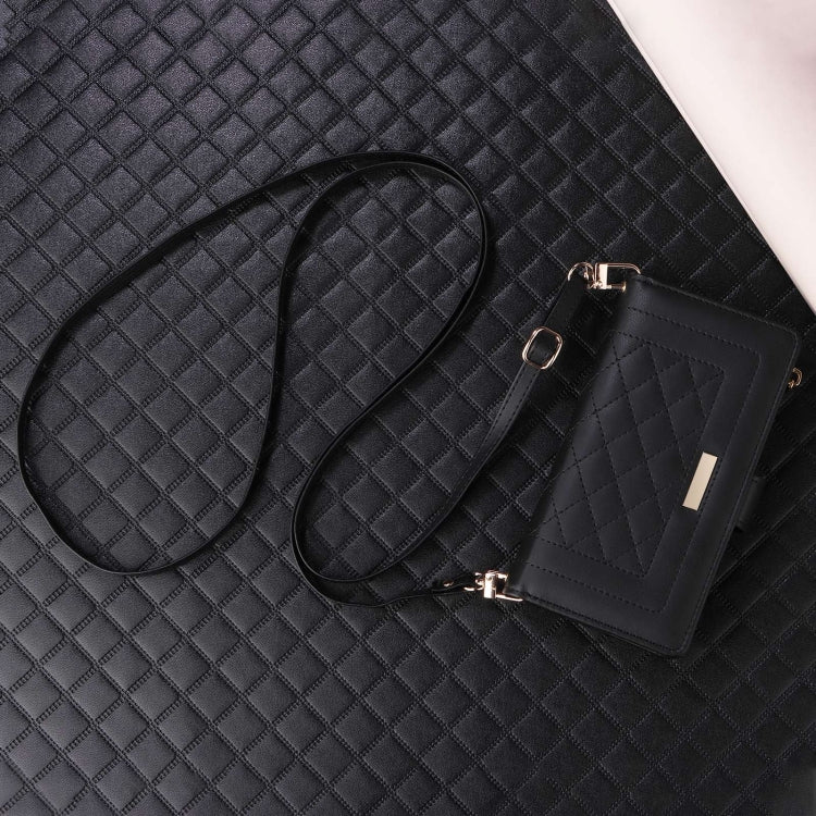 For iPhone 16 Plus Crossbody Zipper Wallet Rhombus Leather Phone Case(Black) - free shipping - PMC Jewellery - Order now!