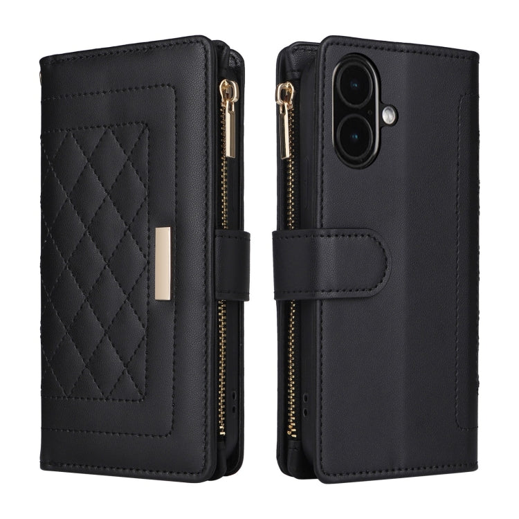 For iPhone 16 Plus Crossbody Zipper Wallet Rhombus Leather Phone Case(Black) - free shipping - PMC Jewellery - Order now!