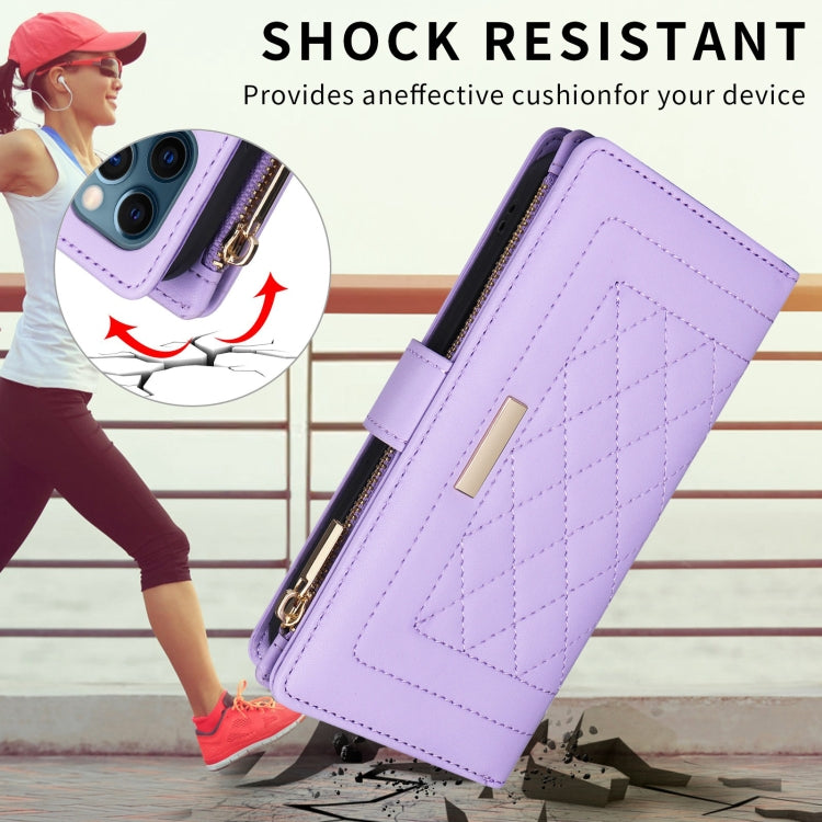 For iPhone 16 Crossbody Zipper Wallet Rhombus Leather Phone Case(Purple) - iPhone 16 Cases by PMC Jewellery | Online Shopping South Africa | PMC Jewellery | Buy Now Pay Later Mobicred