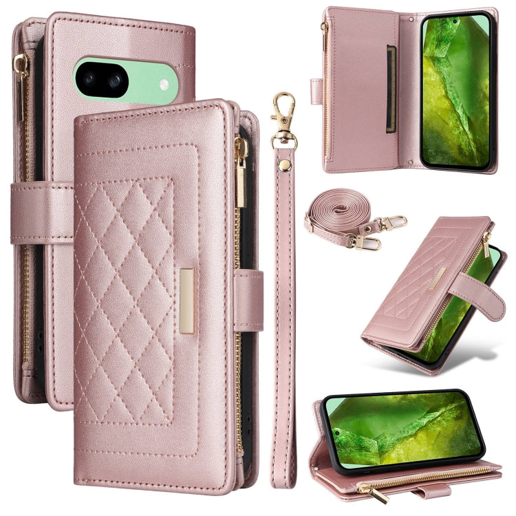 For Google Pixel 8a Crossbody Zipper Wallet Rhombus Leather Phone Case(Rose Gold) - Google Cases by PMC TechLife | Online Shopping South Africa | PMC TechLife | Buy Now Pay Later Mobicred
