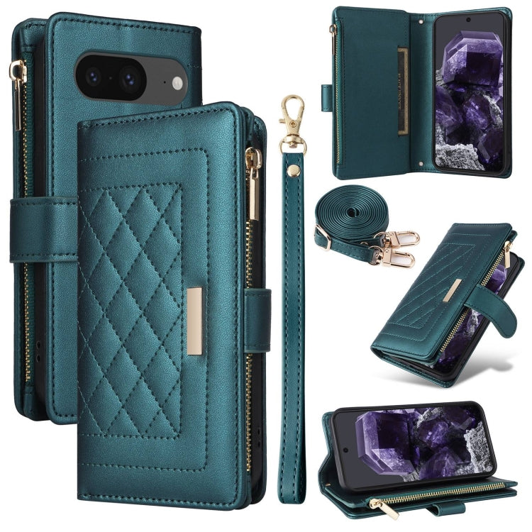 For Google Pixel 8 Crossbody Zipper Wallet Rhombus Leather Phone Case(Green) - Google Cases by PMC TechLife | Online Shopping South Africa | PMC TechLife | Buy Now Pay Later Mobicred