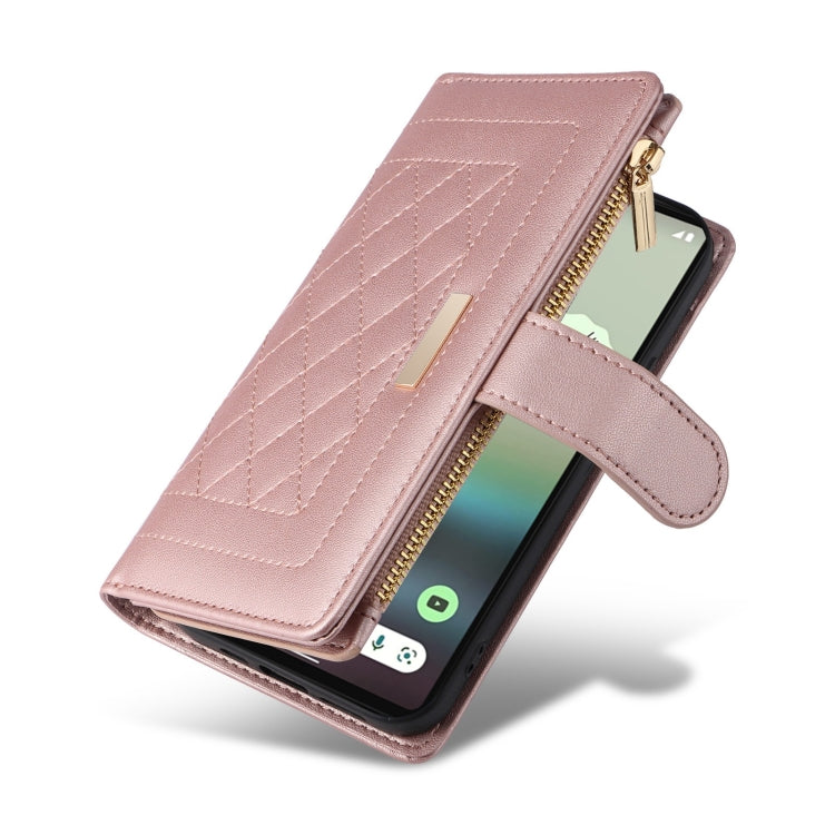 For Google Pixel 7a Crossbody Zipper Wallet Rhombus Leather Phone Case(Rose Gold) - Google Cases by PMC TechLife | Online Shopping South Africa | PMC TechLife | Buy Now Pay Later Mobicred