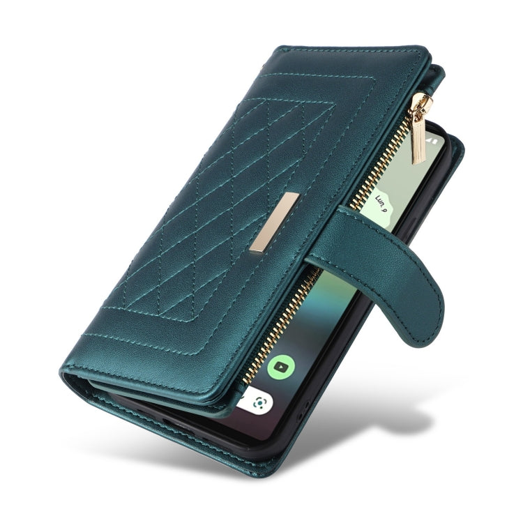 For Google Pixel 7a Crossbody Zipper Wallet Rhombus Leather Phone Case(Green) - Google Cases by PMC TechLife | Online Shopping South Africa | PMC TechLife | Buy Now Pay Later Mobicred