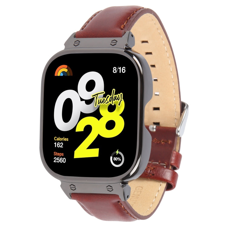 For Redmi Watch 4 Metal Black Frame Genuine Leather Watch Band(Wine Red) - Watch Bands by PMc TechLife | Online Shopping South Africa | PMc TechLife | Buy Now Pay Later Mobicred