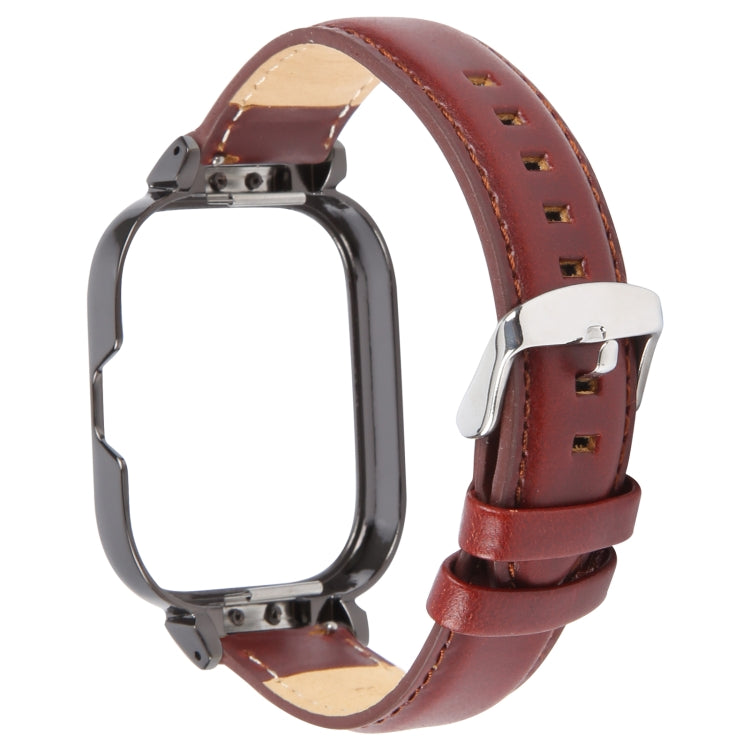 For Redmi Watch 4 Metal Black Frame Genuine Leather Watch Band(Wine Red) - Watch Bands by PMc TechLife | Online Shopping South Africa | PMc TechLife | Buy Now Pay Later Mobicred