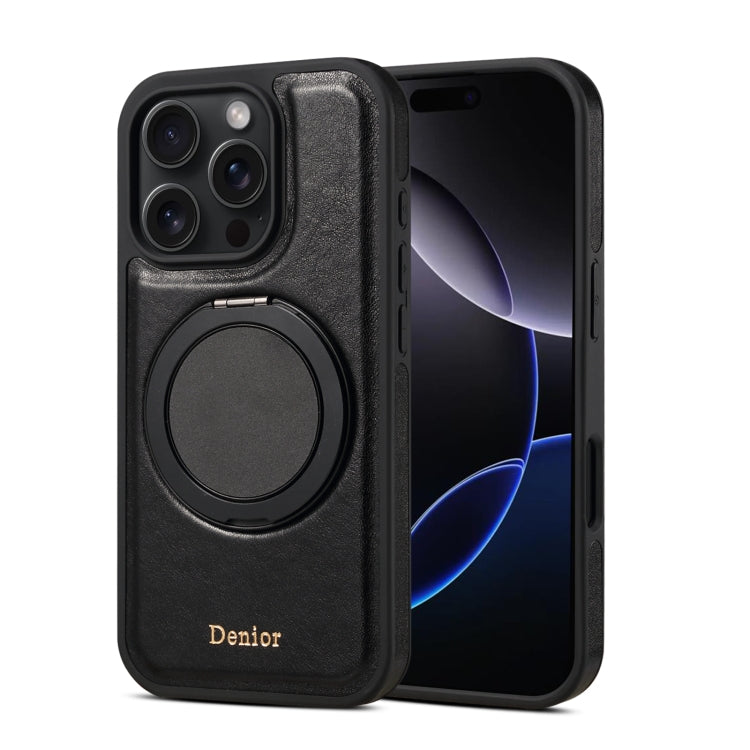 For iPhone 16 Pro Max Denior A17 Genuine Leather Gear Magnetic Holder Phone Case(Black) - free shipping - PMC Jewellery - Order now!