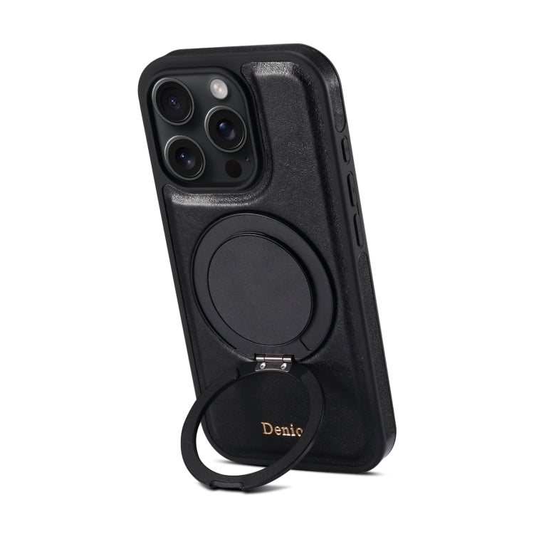 For iPhone 16 Pro Max Denior A17 Genuine Leather Gear Magnetic Holder Phone Case(Black) - free shipping - PMC Jewellery - Order now!