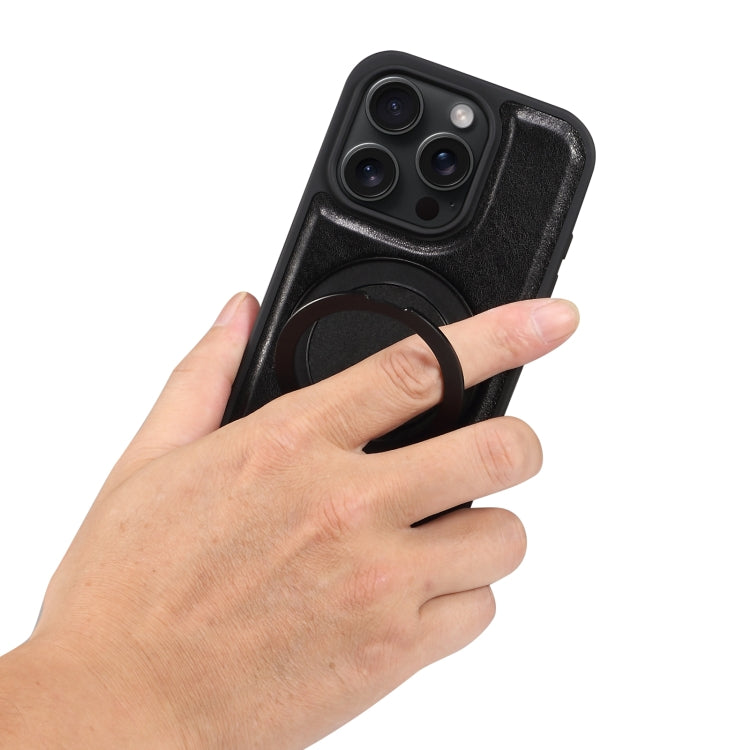 For iPhone 16 Pro Max Denior A17 Genuine Leather Gear Magnetic Holder Phone Case(Black) - free shipping - PMC Jewellery - Order now!