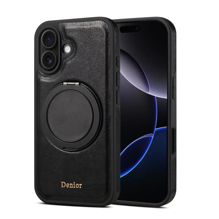 For iPhone 16 Denior A17 Genuine Leather Gear Magnetic Holder Phone Case(Black) - free shipping - PMC Jewellery - Order now!