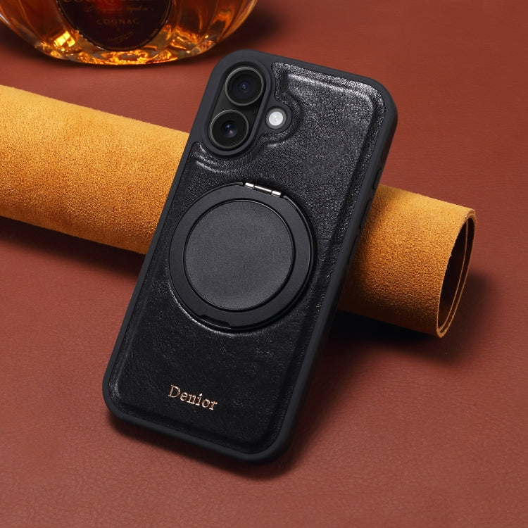 For iPhone 16 Denior A17 Genuine Leather Gear Magnetic Holder Phone Case(Black) - free shipping - PMC Jewellery - Order now!