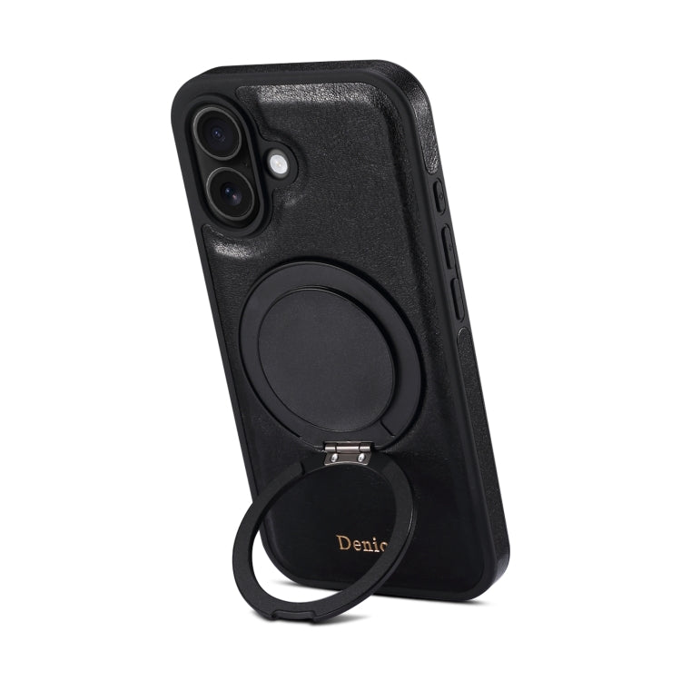 For iPhone 16 Denior A17 Genuine Leather Gear Magnetic Holder Phone Case(Black) - free shipping - PMC Jewellery - Order now!