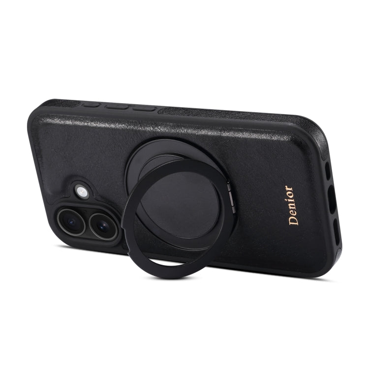 For iPhone 16 Denior A17 Genuine Leather Gear Magnetic Holder Phone Case(Black) - free shipping - PMC Jewellery - Order now!