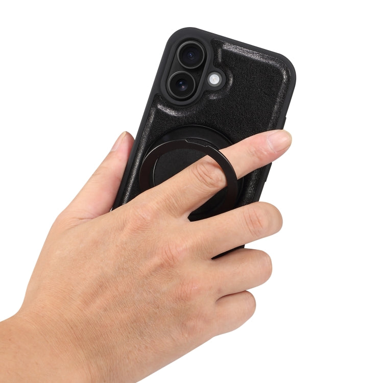 For iPhone 16 Denior A17 Genuine Leather Gear Magnetic Holder Phone Case(Black) - free shipping - PMC Jewellery - Order now!